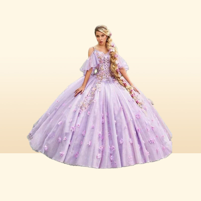 18 Century Lilac Quinceanera Dresses Off The Shoulder Medieval Prom Dress With 3D Flowers Lace Up Short Sleeve Sweet 15 Vesti