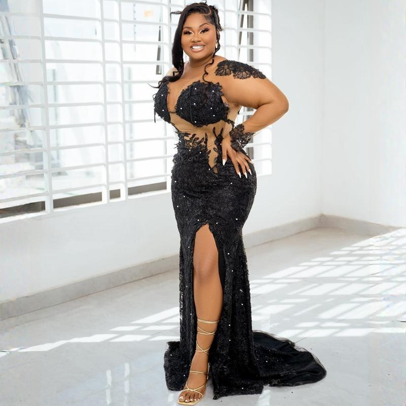Black Jewel Side Split Sexy Tulle Prom Dress Aso Ebi See Long Sleeves Through African Women Lady Evening Gowns Formal Gown Beaded Appliqued Sequins Ou
