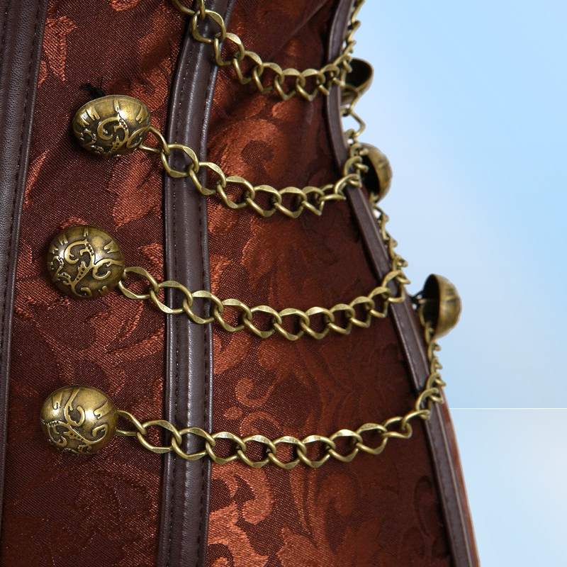 Women Vintage Steampunk Gothic PU Leather Panels Jacquard Overbust Corset Top with Chains and Buttons Accent S6XL Plus Size Brown5830902