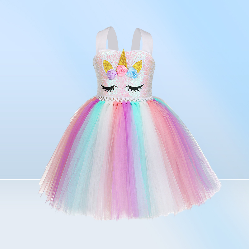 New Tutu Dress with Headband for Girls Kids Unicorn Sequin Suspender Tulle Dress Party Costume Fast Shipment