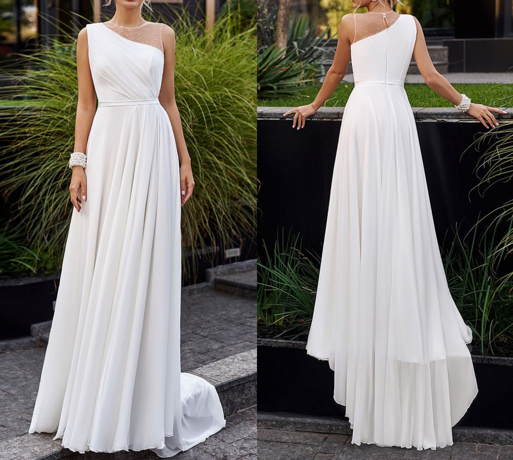A-Line Wedding Dress 2024 Sheer Illusion Neck Sleeveless Beaded A-line Chiffon Bride Gowns Elegant Robe De Mariee Vestidos De Noiva