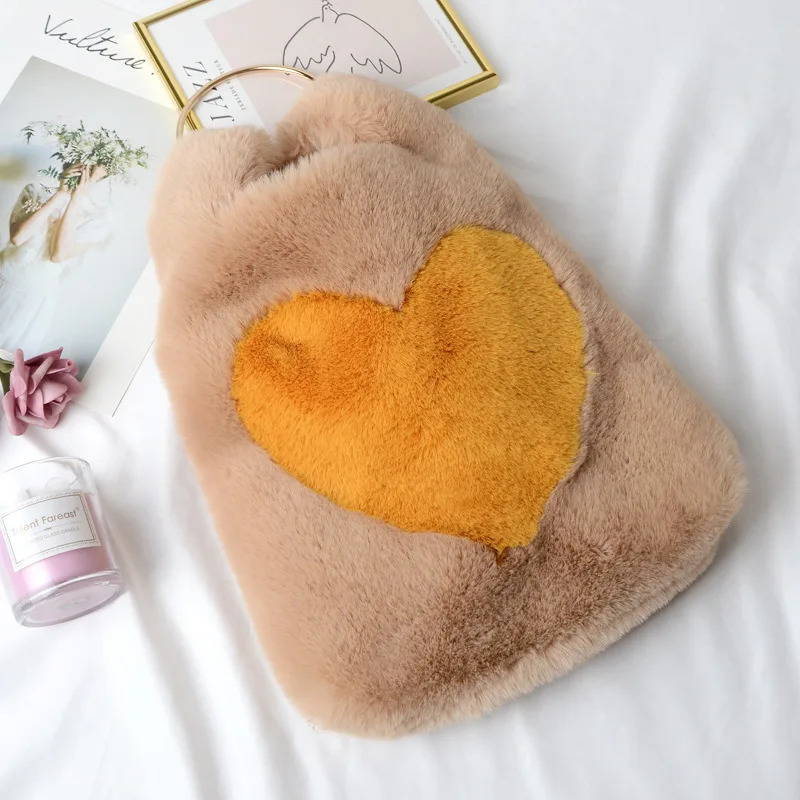 Evening Bags Plush Handbags Winter Shoulder Bag Cute Heart Star Prints Soft Hand Bag Women Solid Color Ladies Bag Tote Christmas Gift Bag 231030