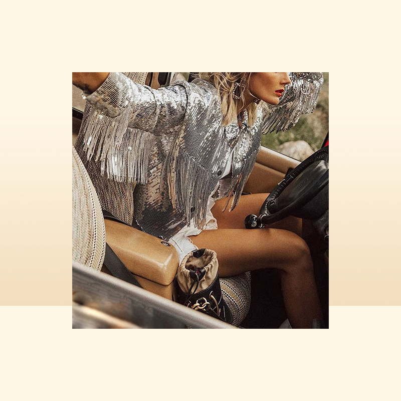 Women039s Tassel Sequin Jacket Autumn Winter Streewear Rock BF Retro Longsleeved Silver Reflective Women Outwear Tops 210914