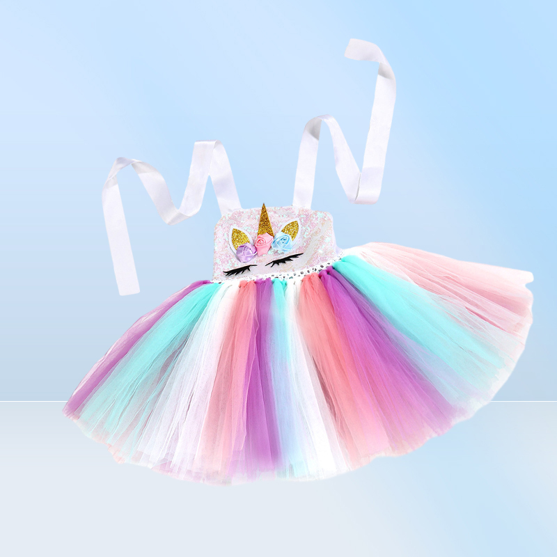 New Tutu Dress with Headband for Girls Kids Unicorn Sequin Suspender Tulle Dress Party Costume Fast Shipment