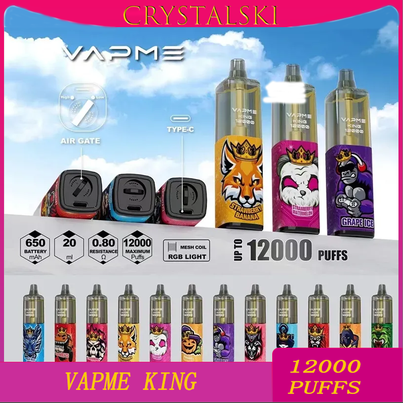 Original VAPME KING 12000 Puff Disposable E Cigarettes 0.8ohm Mesh Coil 20ml Pod Battery Rechargeable Electronic Cigs Puff 12K 0% 2% 3% 5% RBG Light Vape Pen