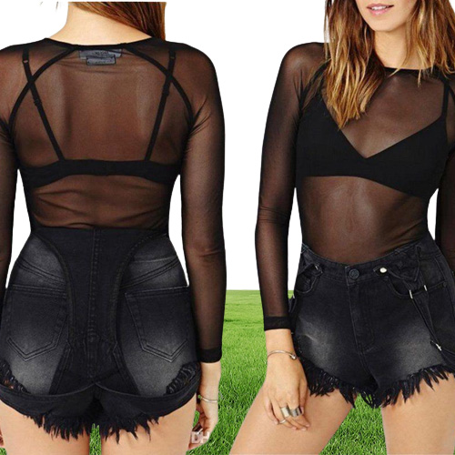 Womens TShirt Seethrough Sheer Mesh Long Sleeve Tee Top Club wear Perspective Pullover Black Sexy Girl Clothing6493104