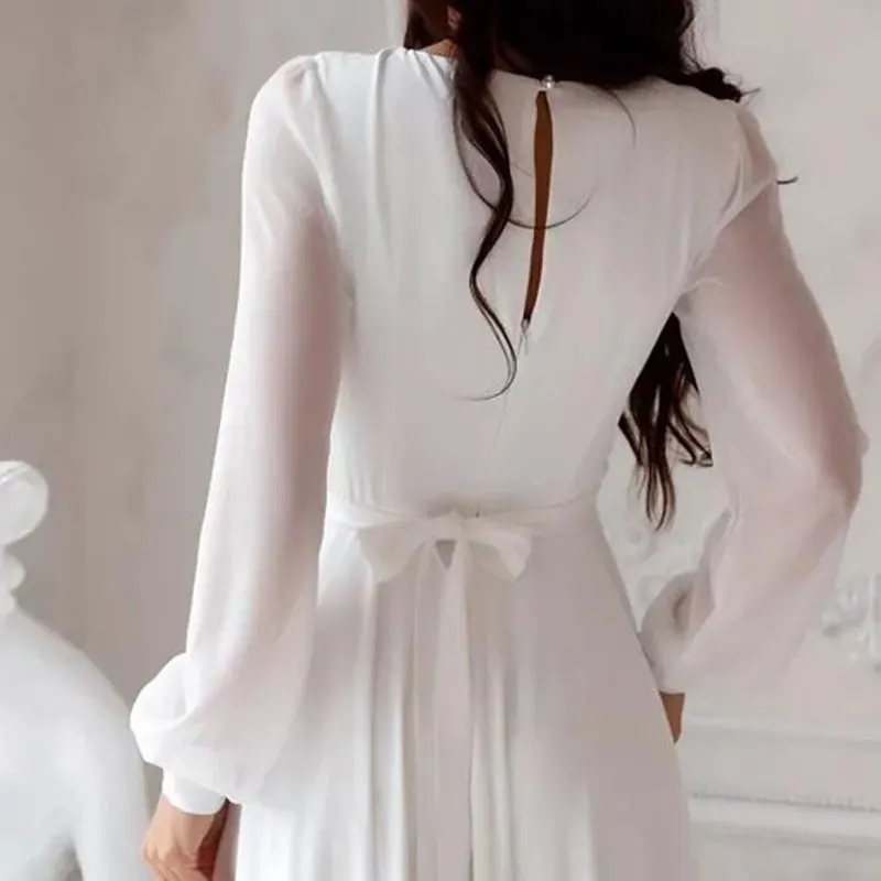 Chiffon A Line Wedding Dresses White Dresses Womens Vestidos Boda Playa Full Sleeve Simple