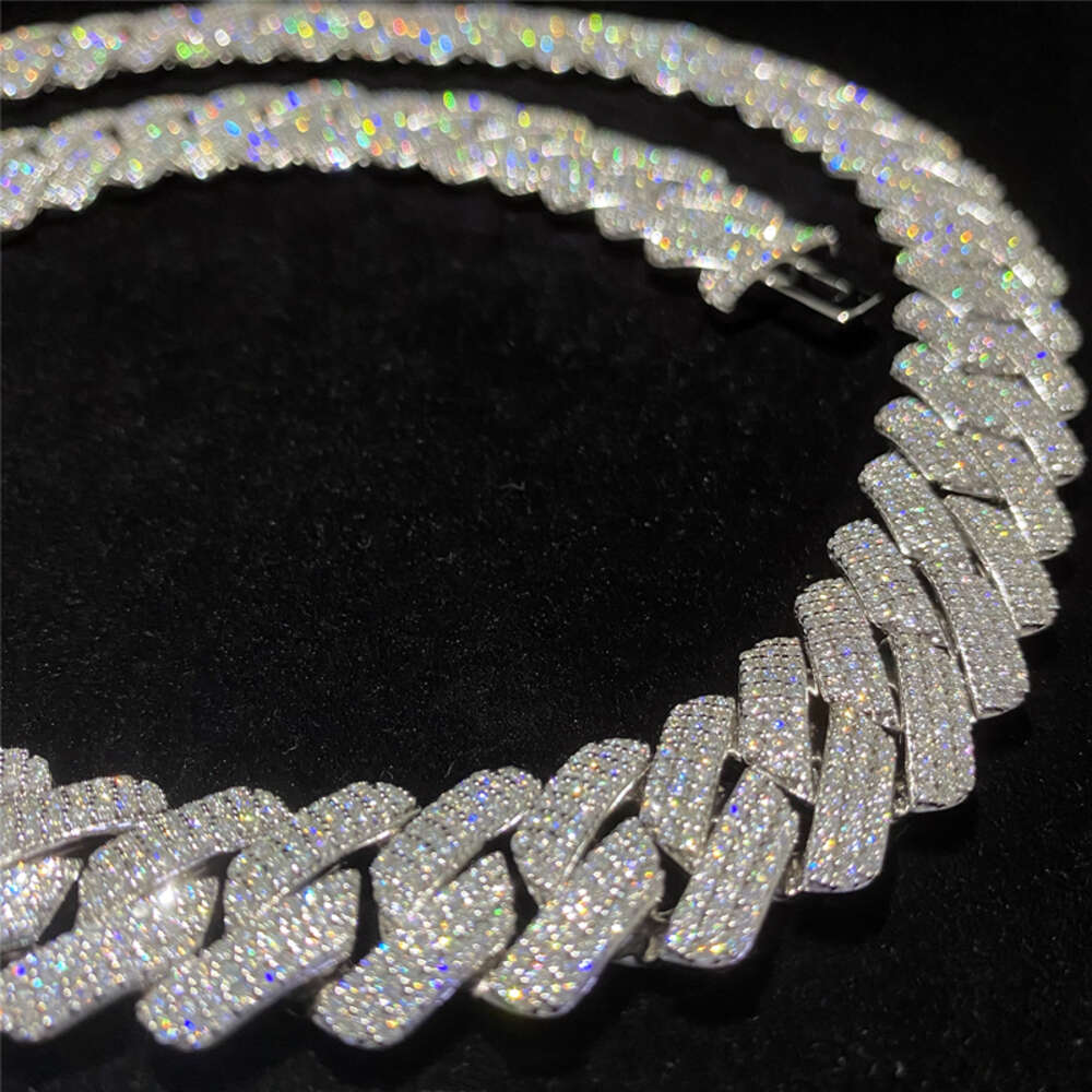 necklace moissanite chain cuban link chain 3row Diamond 18mm 925 Sterling Silver Moissanite Cuban Chain Necklace Hip Hop Fashion Mens