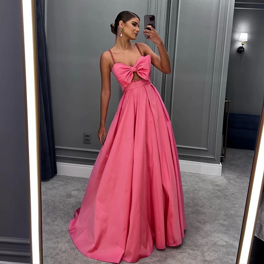 Hot Sale Formal Pink A-Line Prom Dresses With Bow Spaghetti Straps Beading Saudi Arabia Graduation Evening Formal Party Gowns Vestidos De Feast