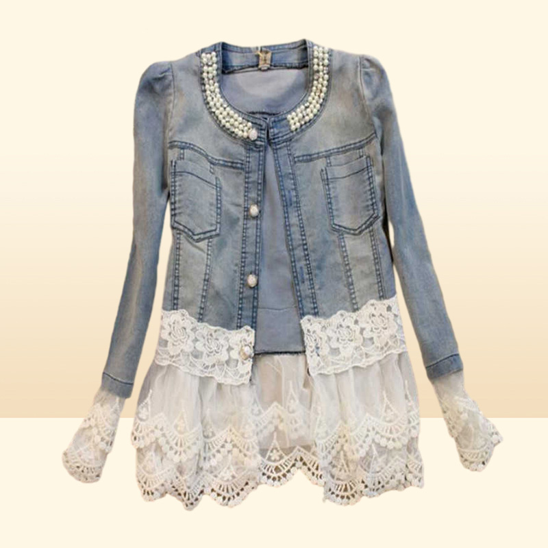Elegant lace denim jacket coat women Casual short basic jacket Beading Patchwork Slim jean jackets Plus size 4XL X07267248901