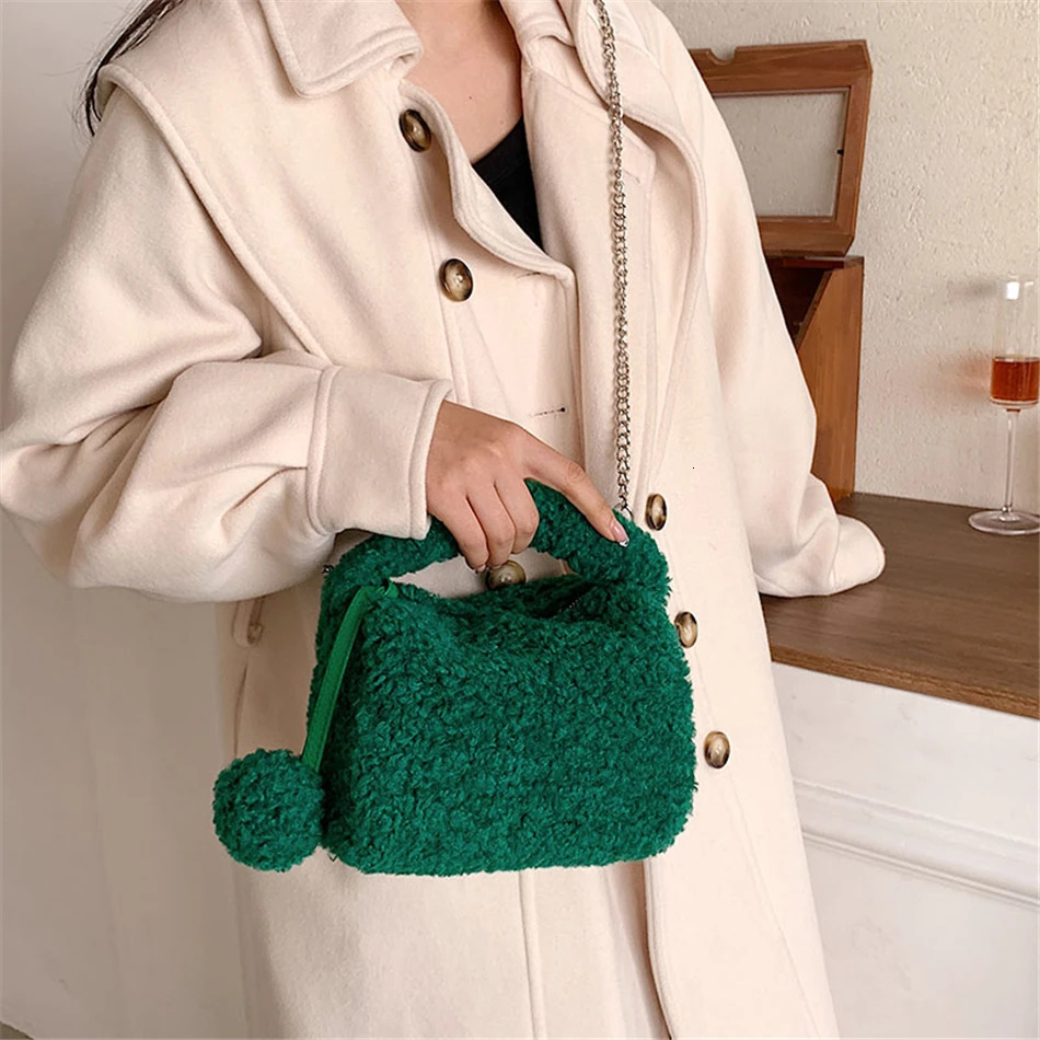 Evening Bags Plush Faux Fur Lambswool Mini Tote Bag Winter Fashion Hairball Women's Handbag Small Box Shoulder Crossbody Bag Short Handle Sac 231