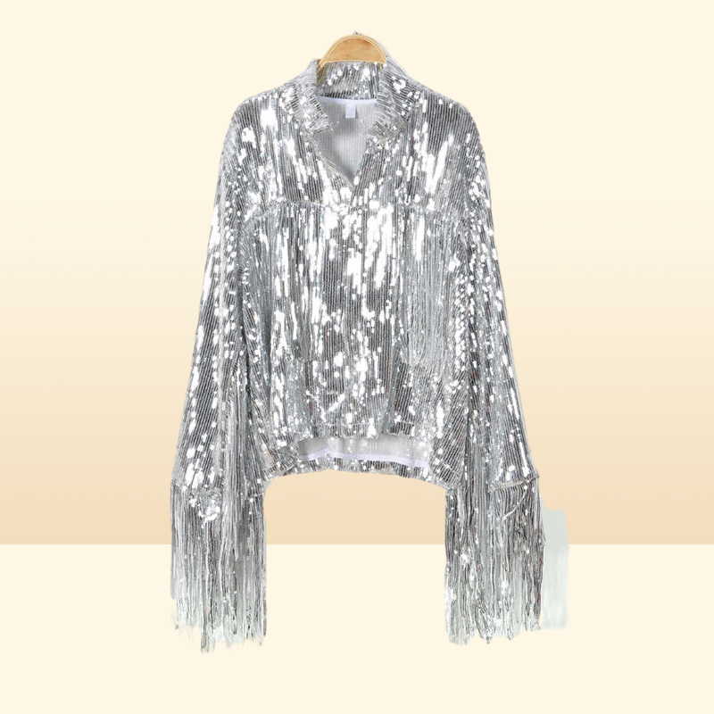 Women039s Tassel Sequin Jacket Autumn Winter Streewear Rock BF Retro Longsleeved Silver Reflective Women Outwear Tops 210914
