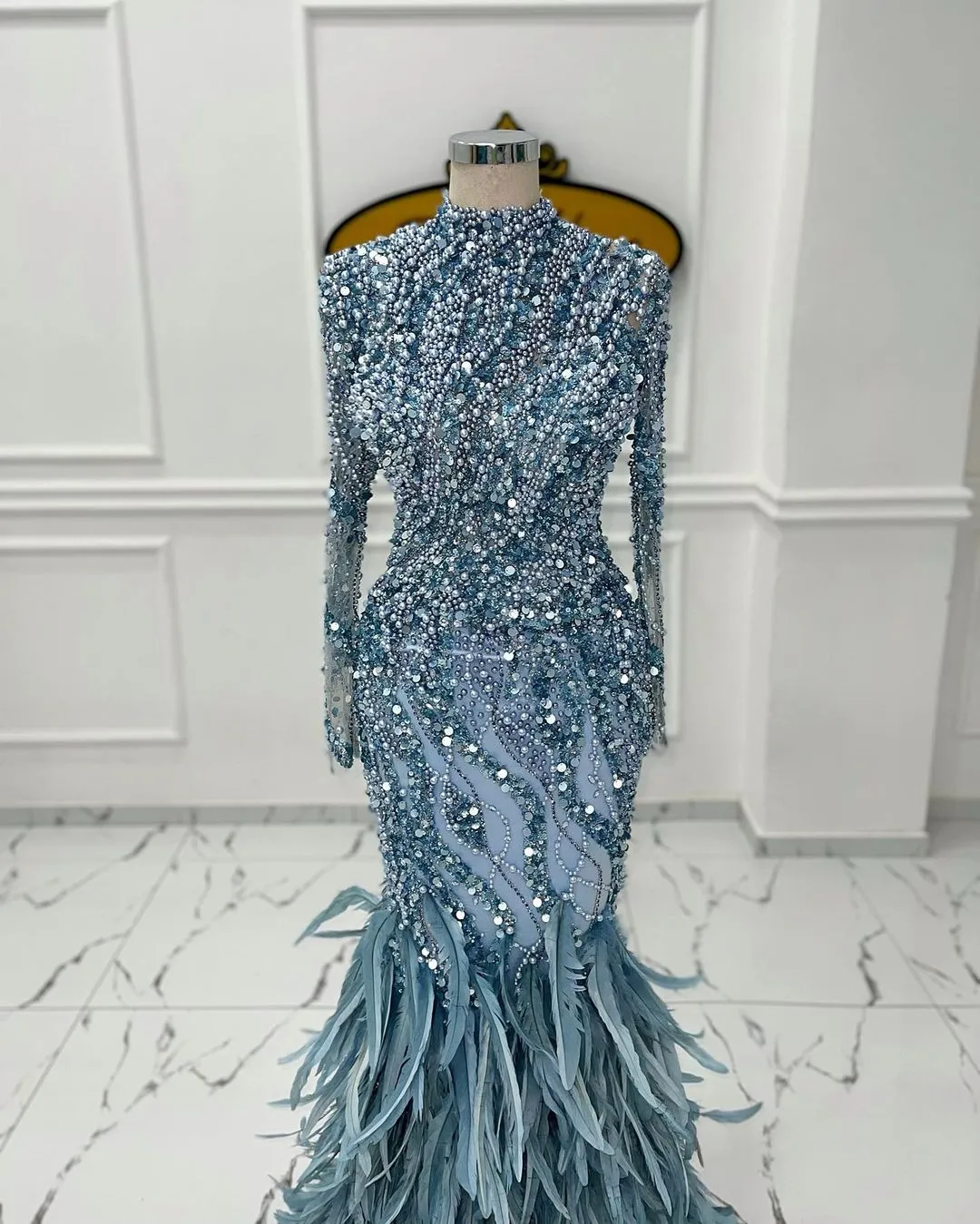 Sequin Mermaid Evening Dress | Long Sleeve, High Neck, Pearls & Feathers