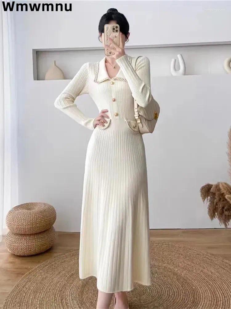 Casual Dresses Office Thick Knitted Dress Chic Korean Polo Knitwear Mid Kleid Elegant Classic Sweater Vestidos Women Fall Winter Solid Robe