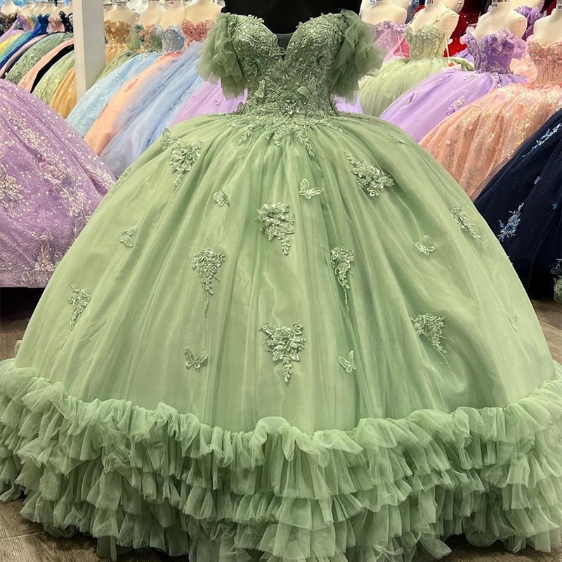 Sage Green Quinceanera Dresses Ball Gown Birthday Party Dress Applique Bow Lace Up Graduation Gown Sweetheart de 15 anos