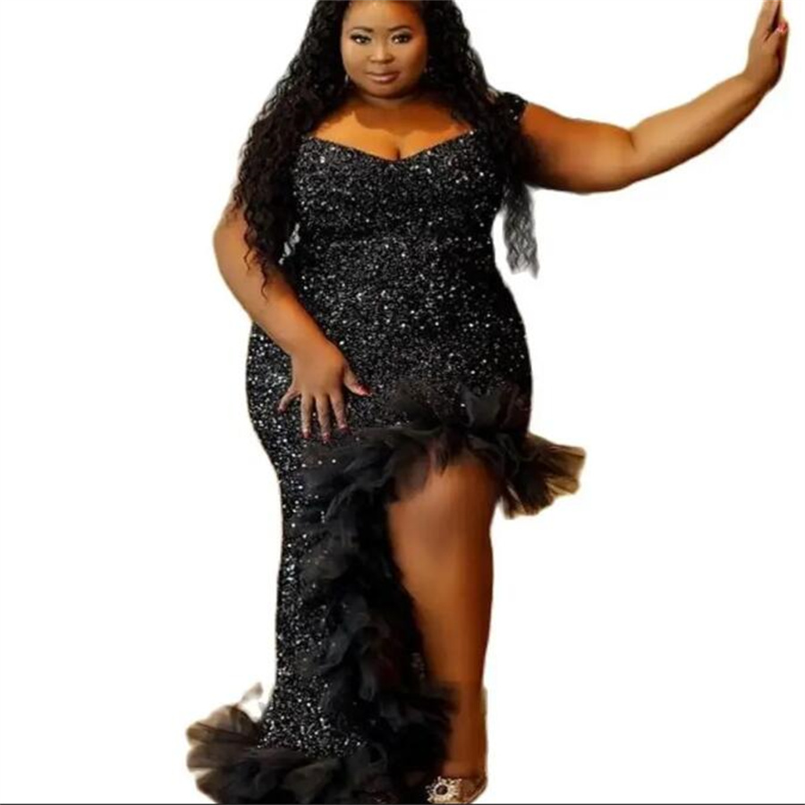 Sparkly Shine Large Size Prom Dress For Black Girls Off Shoulders Sequin Black Evening Gowns Obese Women 30th Birthday Dance Vestidos De Noche Formal 