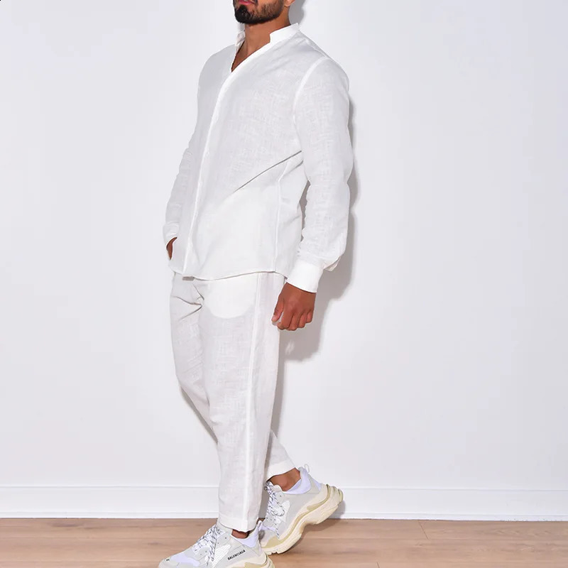Men's Tracksuits Spring Fall Mens Suits Casual Cotton Linen Loose Solid Color Two Piece Set Leisure Loose V Neck Shirt And Pants Outfits Men 2310