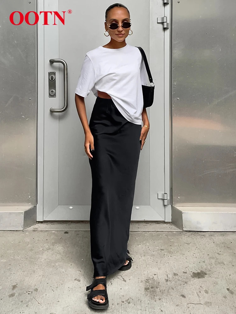 Skirts OOTN Elegant Satin Black Trumpet Skirts Autumn Fashion Slim High Waist Skirts Women Female Solid Office Long Skirt Summer 231031