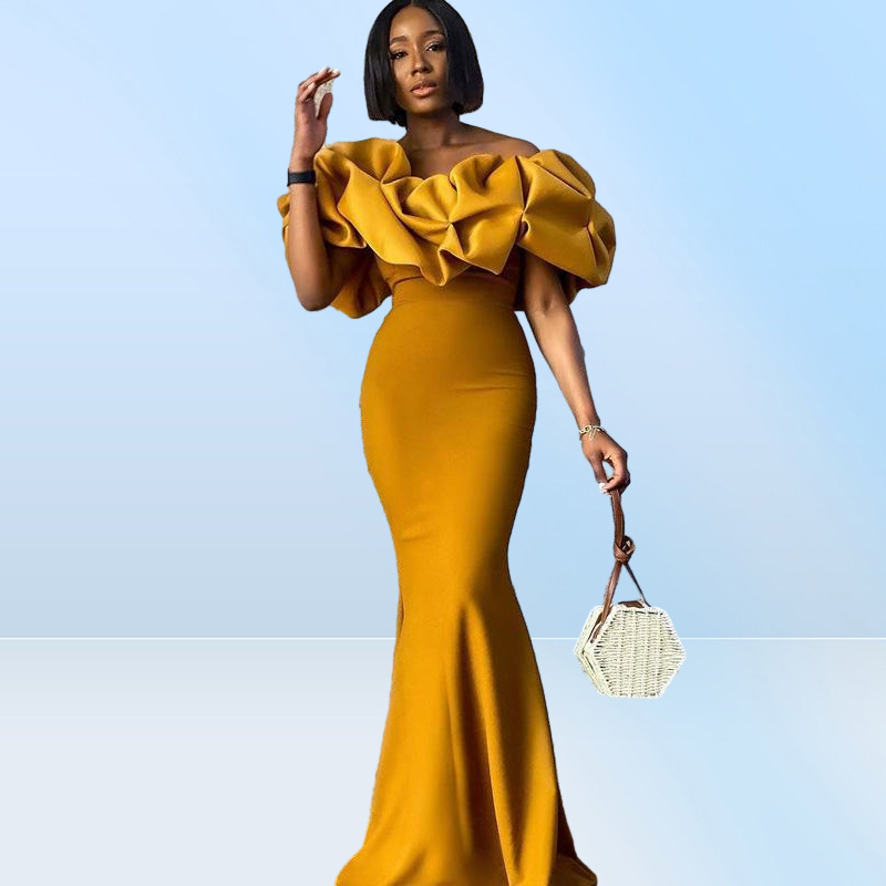 Vintage Arabic Mustard Yellow Mermaid Bridesmaids Dresses Ruffles Off Shoulder Neck Wedding Guest Gowns Black Girl Maid Of th