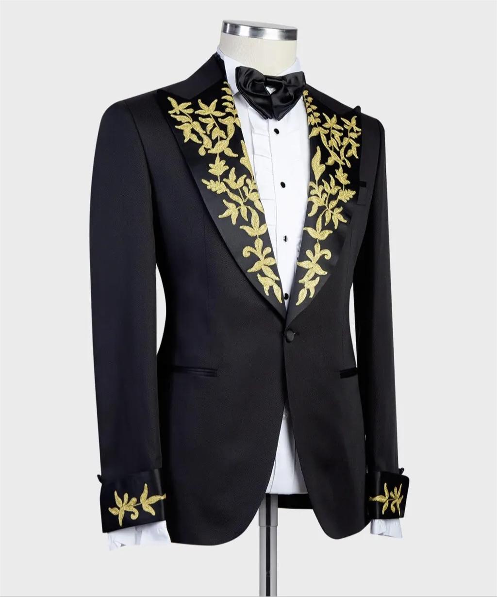 Appliqued Black Wedding Tuxedos Slim Fit Mens Suits Peaked Lapel Blazers One Button Formal Suit Only Jacket