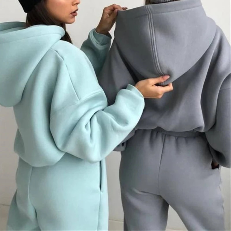 Womens Two Piece Pants Fleece Hooded Tracksuit Sets Autumn Long Sleeve Hoodies Joggers Suit Female Lady Casual Sport Set 231031