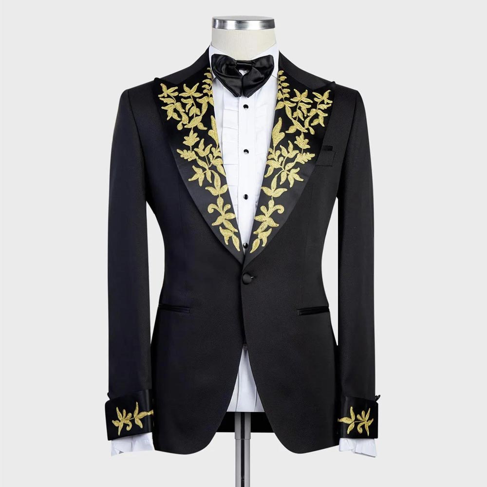 Appliqued Black Wedding Tuxedos Slim Fit Mens Suits Peaked Lapel Blazers One Button Formal Suit Only Jacket