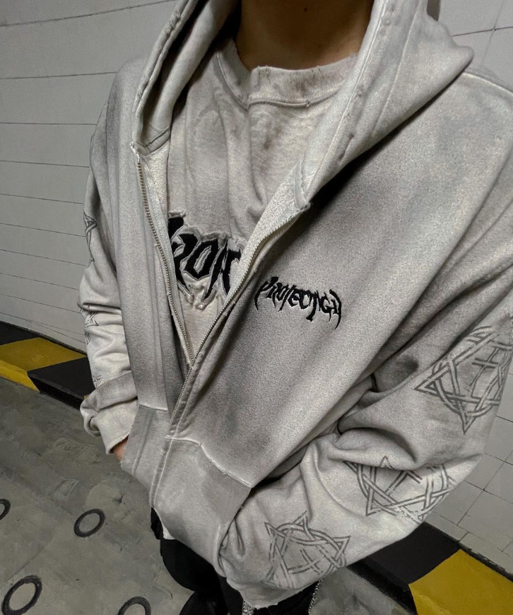 Grailz Project Vintage High Street Men Loose Hooded Style for Men Zipper Jacket Washed Damaged Spray Dirty Zipper Coat