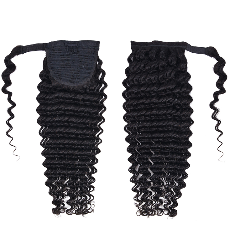 Brazilian curly wrap around ponytail human hair deep wave drawstring pontail extension long for black women 140g 120g 160g black 1b