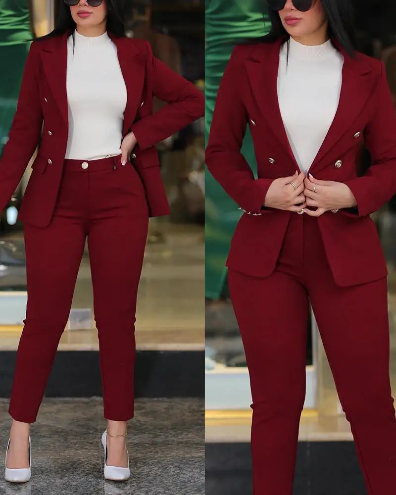 Women's Two Piece Pants Blue Woman's Formal Pant Sets in Casual Business Double Breasted Blazers Jacket Pants Elegant Ladies 2 Piece Set 231