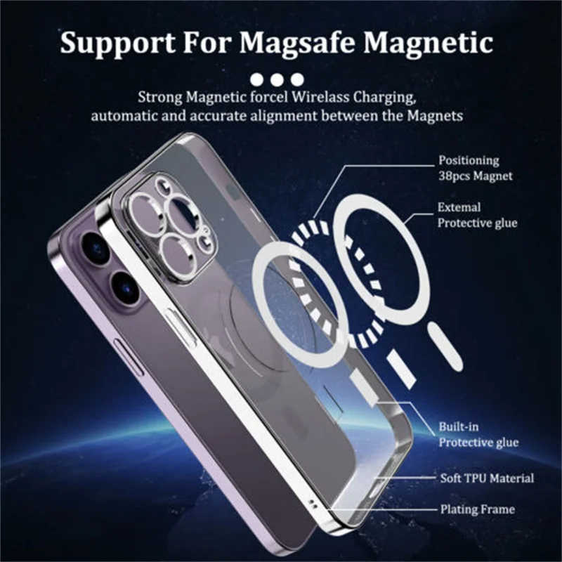 Wireless Magnet Plating Phone Case For iPhone 15 14 13 12 11 Pro Max Magnetic Soft TPU Back Cover with Camera Len Protection