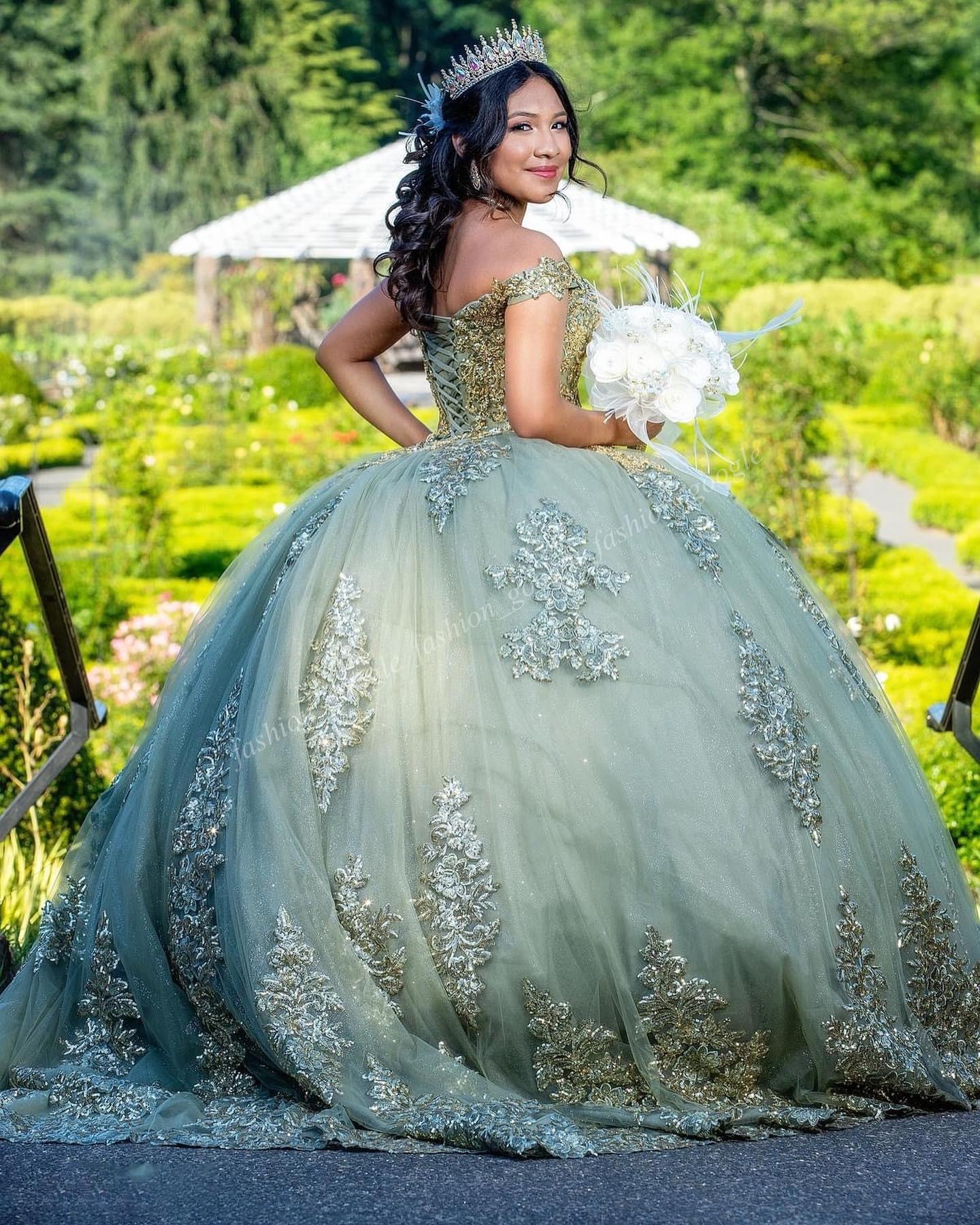 Glitter Tulle Quinceanera Dress 2024 Sage Sequin Applique Charro Mexican Quince Sweet 15/16 Birthday Party Gown for 15th Girl Drama Winter Formal Prom