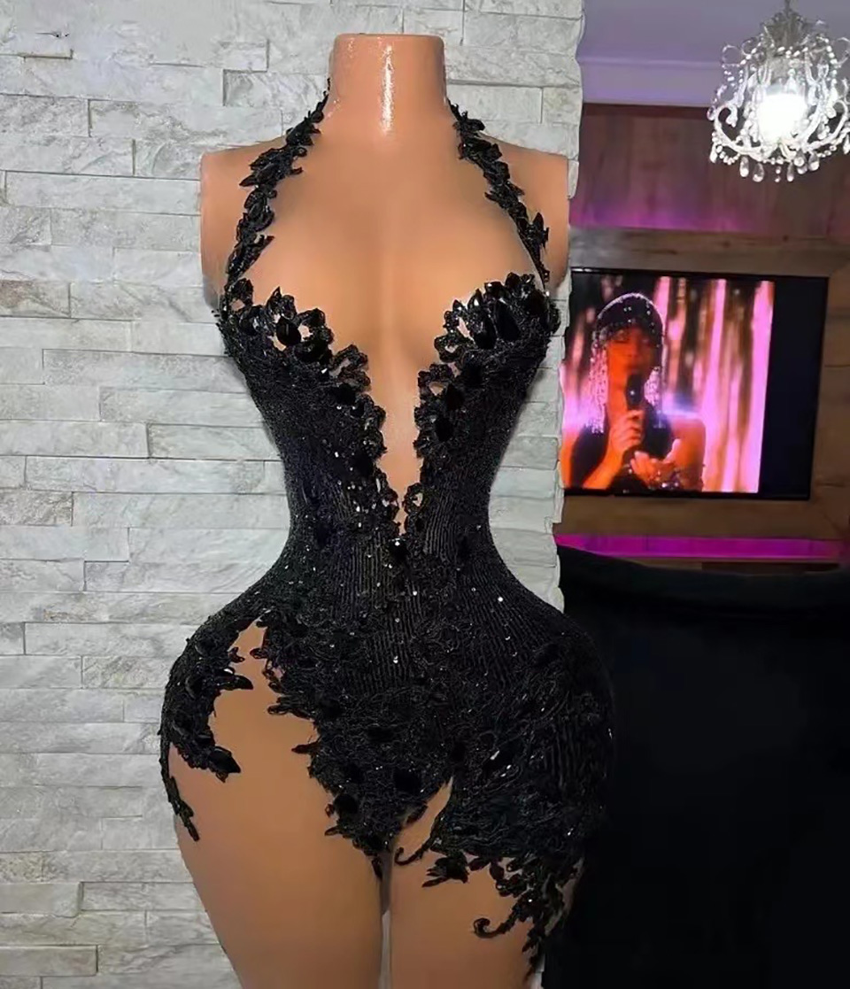 Cocktail Dress Black Plus Size Homecoming Prom Party Gown Zipper New Custom Above Knee Mini Sleeveless Straight Sexy Illusion Applique Sequins Tulle H