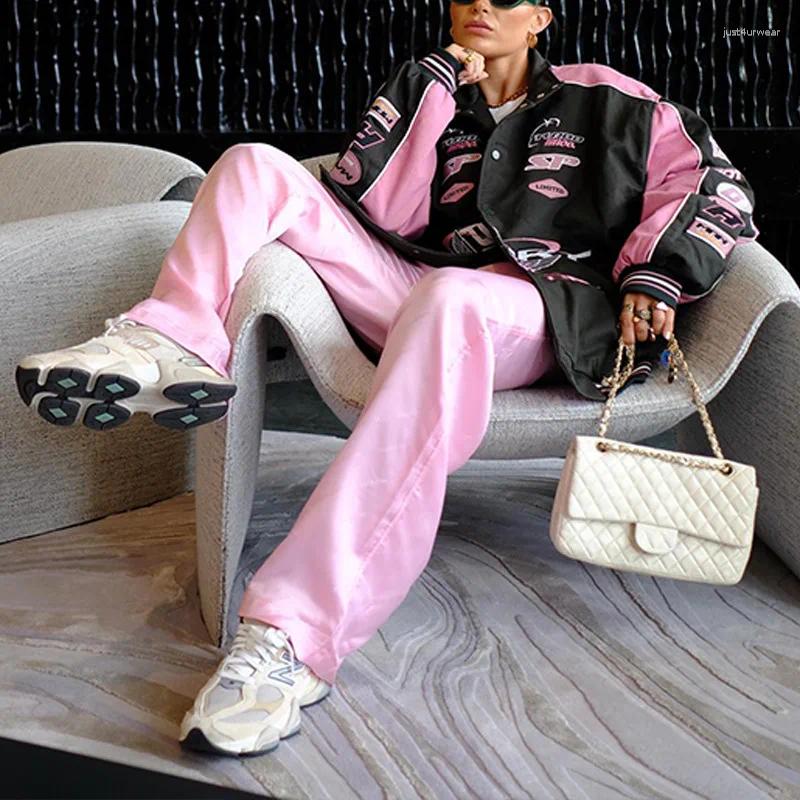 Women's Jackets Trench Baseball Pink Jacket Varsity Y2K Streetwear Winter Women Clothes Long Racer Patchwork Letterman Coats