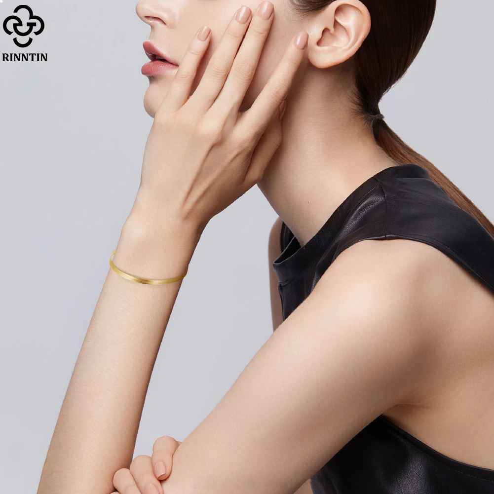 Chain Rinntin 18K Gold 925 Sterling Silver Italian 3mm Flexible Flat Herringbone Chain Bracelet for Women Party Bangle Jewelry SB107 231031