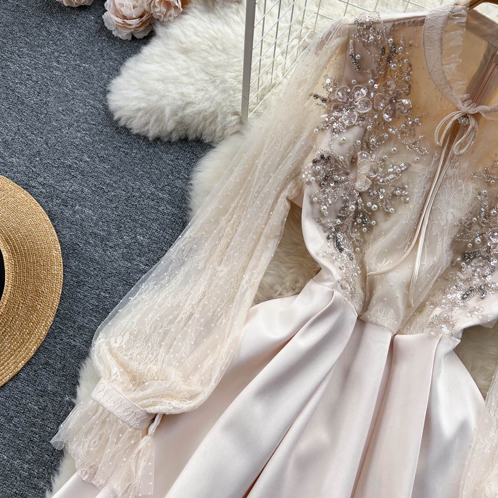 Gentle and sweet style dress design sense Heavy engineering beaded high waist slim splicing gauze fairy puff skirt