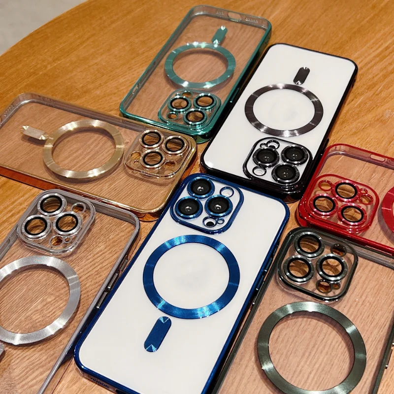 Wireless Magnet Plating Phone Case For iPhone 15 14 13 12 11 Pro Max Magnetic Soft TPU Back Cover with Camera Len Protection