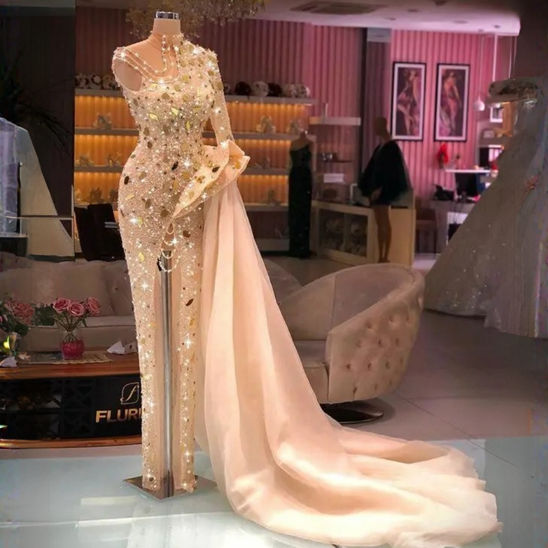 Real Photos Sparkg Golden Prom Dresses High Neck One Shoulder Sequined Front Split African Women Reception Gowns Birthday Party Outfit Club 6660306