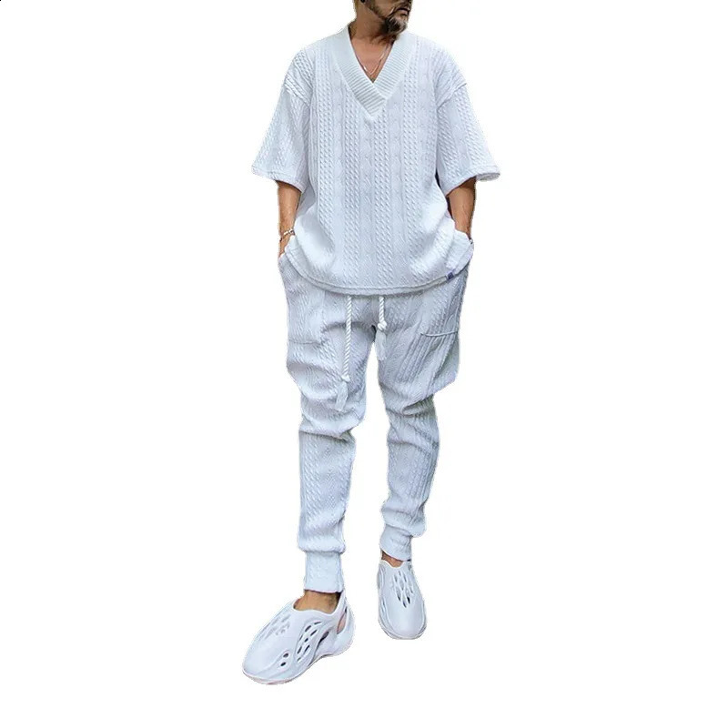 Men's Tracksuits Summer Casual Sweater Set Men's Loose Short Sleeve Knit Tshirt Long Pants Two Piece Male Woolen Suits Ropa Para Hombre 2310