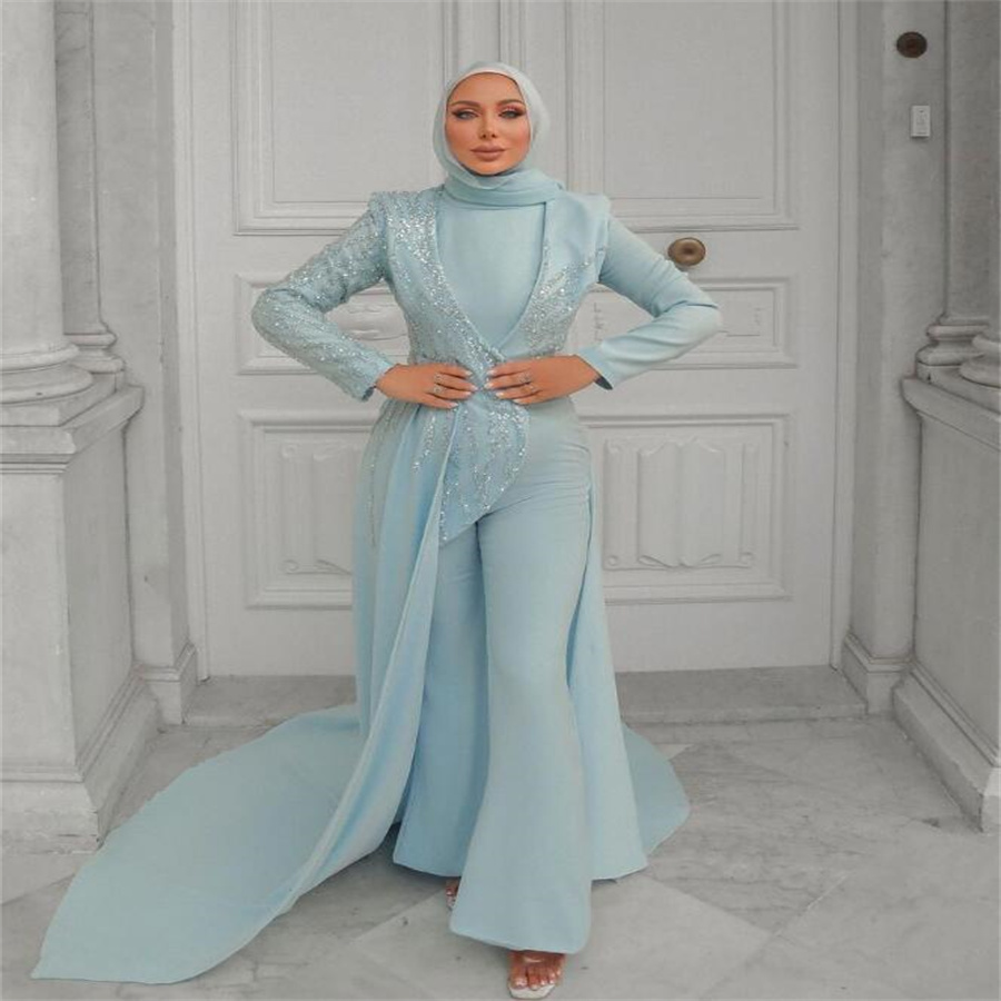 Middle East Muslimah Blue Prom With Overskirt Saudi Arabic Dubai Abaya Jumpsuit Evening Dress Muslim Sequin Birthday Gowns 2024