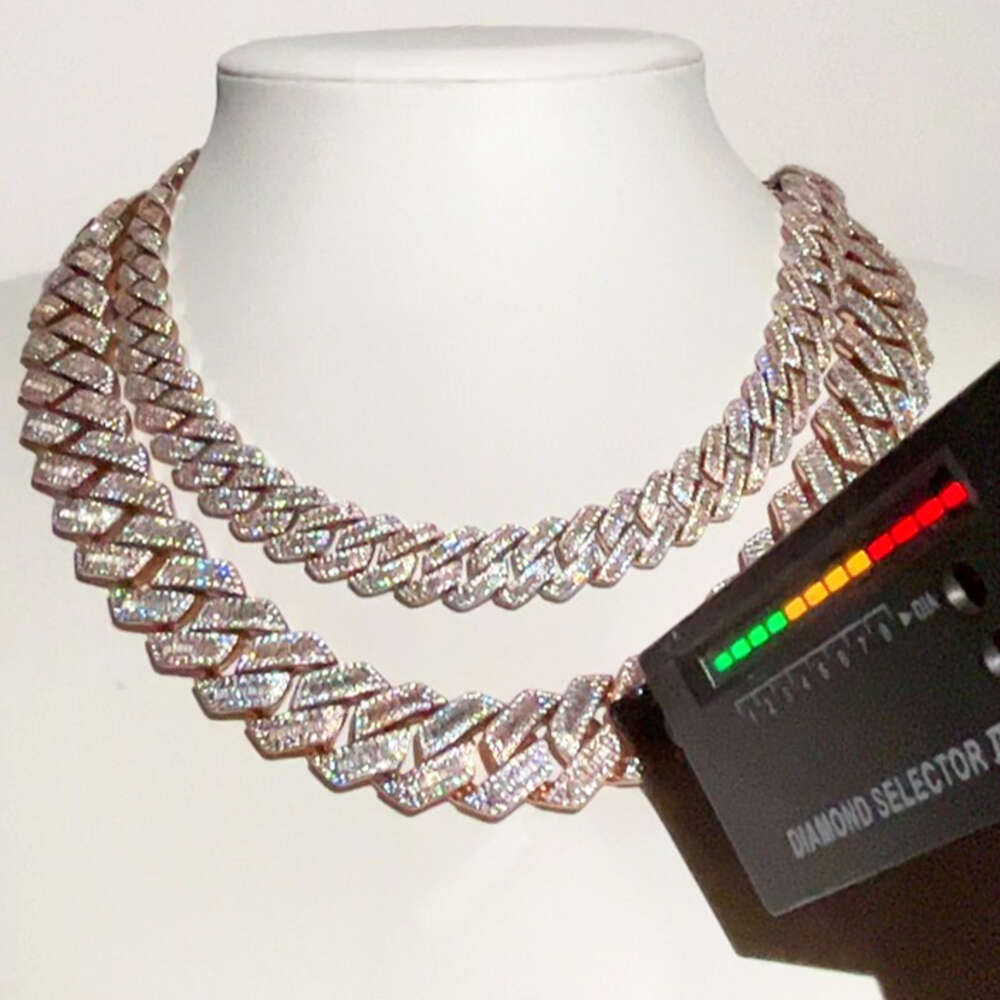 Necklace moissanite chain cuban link chainChain 14k Gold Plated 925 Sterling Silver 2rows Cz Iced Out