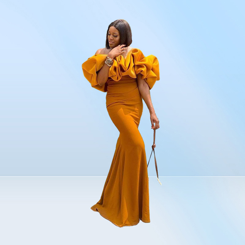 Vintage Arabic Mustard Yellow Mermaid Bridesmaids Dresses Ruffles Off Shoulder Neck Wedding Guest Gowns Black Girl Maid Of th