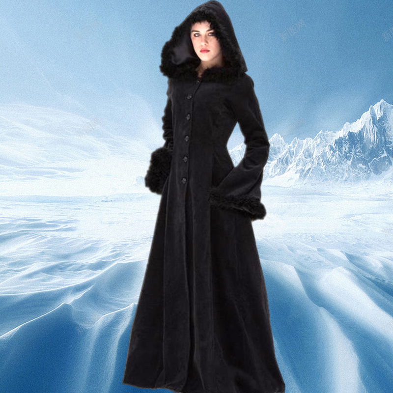 Women039s Wool Blends Women Autumn Winter Vintage Coat Steampunk Floor Length Hooded Medieval Warm Fur Trim Maxi Gothic Witch