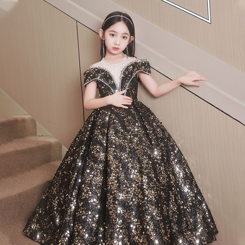 Black Gold Shiny Flower Girl Dresses Teenager Wedding Communion Pearls Necklace Beaded Tassels Children Clothes Frist Holy Conmunion Dress Birthday Ou