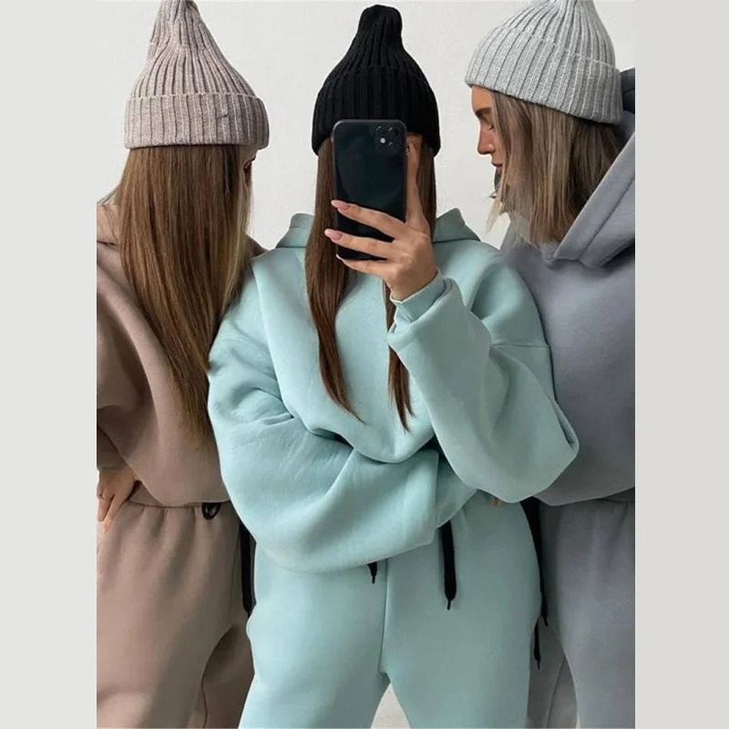 Womens Two Piece Pants Fleece Hooded Tracksuit Sets Autumn Long Sleeve Hoodies Joggers Suit Female Lady Casual Sport Set 231031