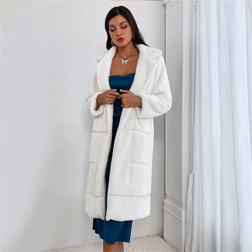Women's Fur Faux White Teddy Coats Jacket Elegant Long Shaggy Trench Women Furry Jackets Fluffy Artificial Coat Winter Homewear 231030