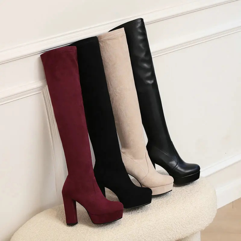 Dress Shoes Women Over New the Knee Platform Square High Heel Ladies Stretch Faux Suede Round Toe Zipper Women's Boots Big Size 231031