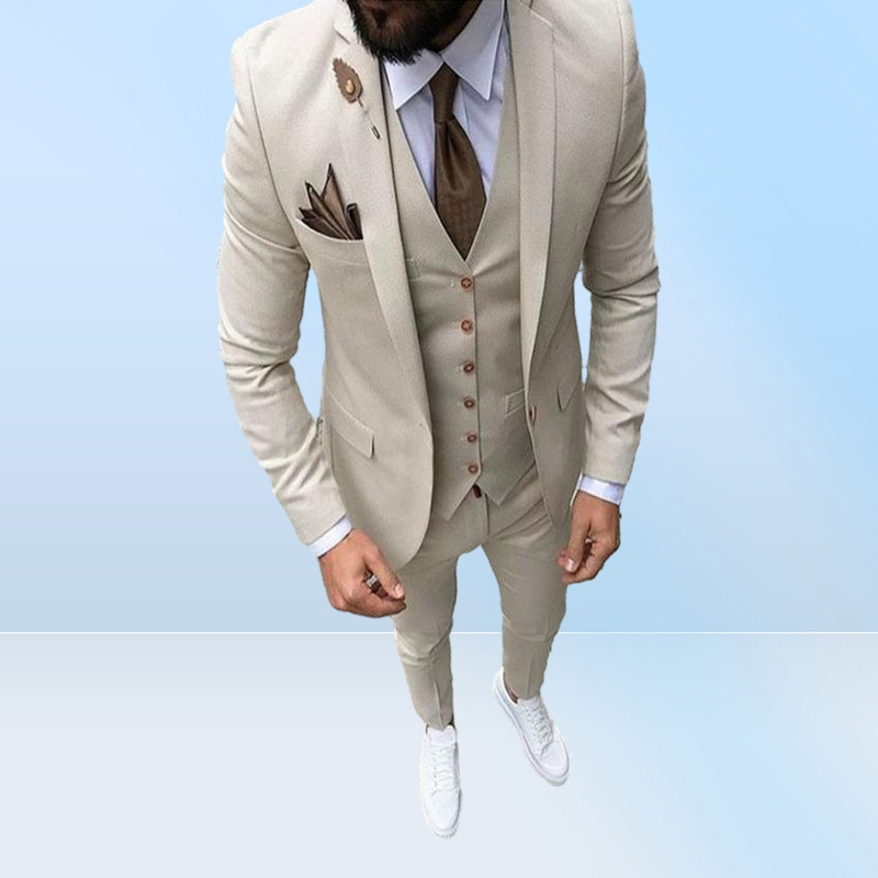 Latest Coat Pant Designs Beige Men Suit Prom Tuxedo Slim Fit 3 Piece Groom Wedding Suits For Men Custom Blazer Terno Masuclino
