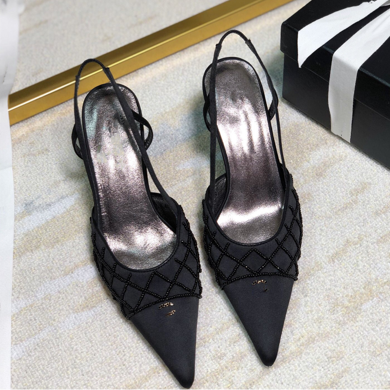Beaded High Heels Shoes Pointed Toes Women's Silk Satin Slingbacks Pumps Sandals