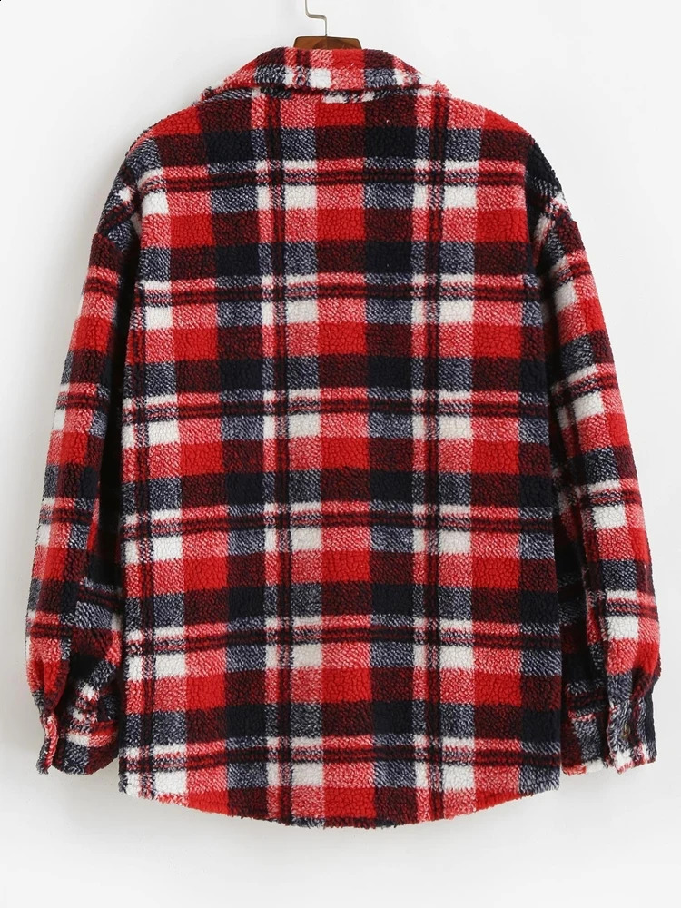 Men's Jackets Plaid Jacket for Men Fluffy Fleece Shirt Jacket with Pocket Button-up Faux Fur Sherpa Streetwear Topcoats Z4738534 231030