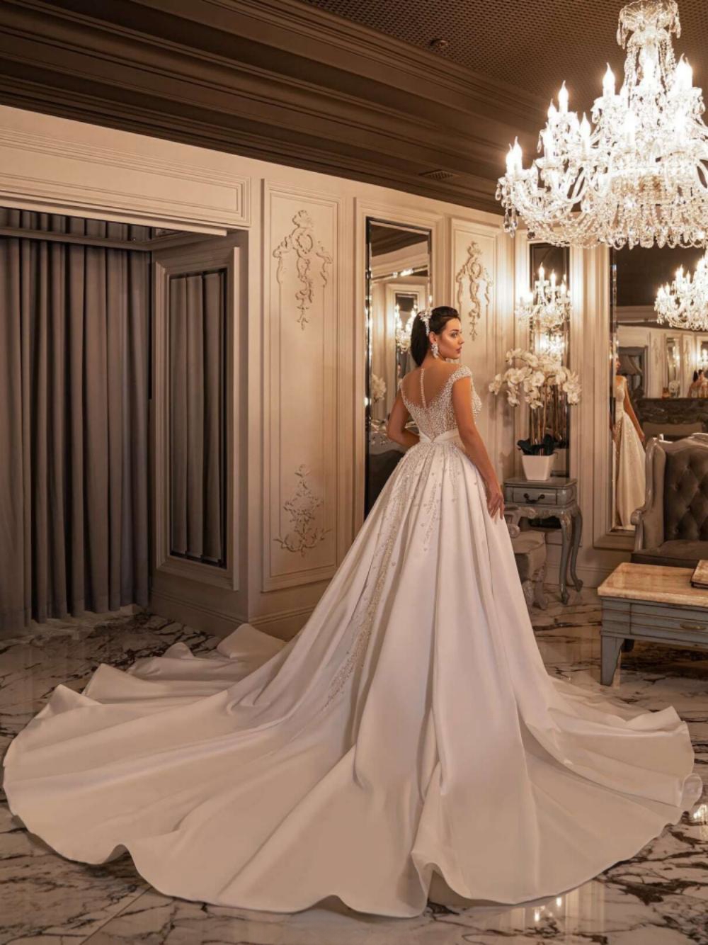 Sparkly Pearls Sequins Wedding Bridal Dresses O-neck Short Sleeve With Detachable Train Illusion Robe De Mariee
